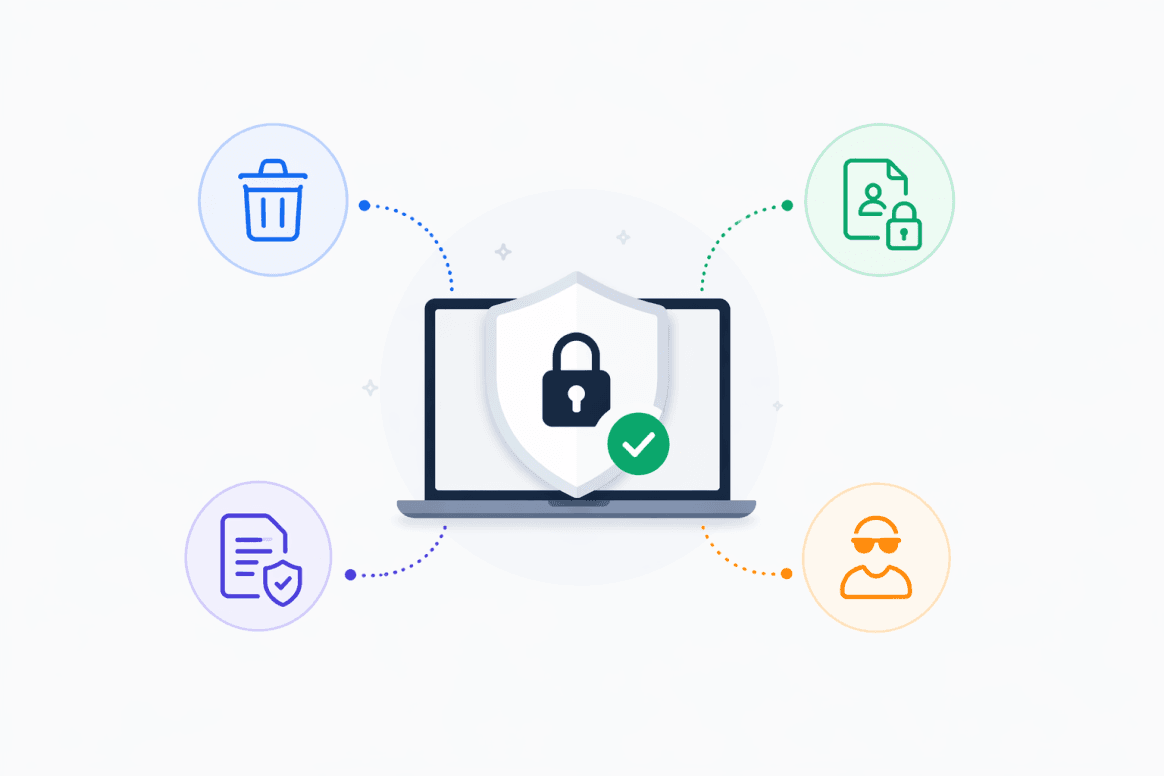 Laptop with lock and data control icons — export, delete, privacy, user controls