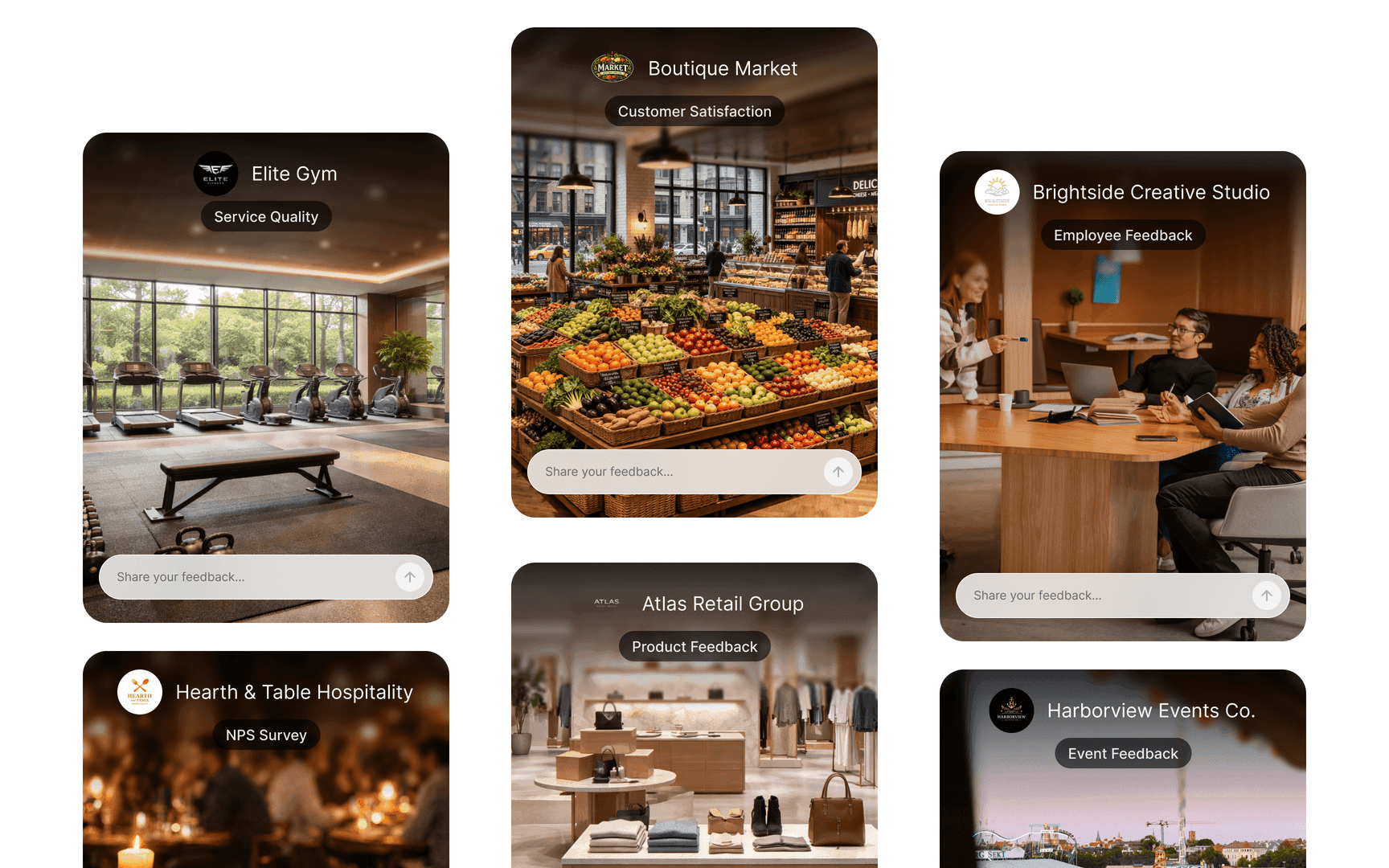 Business survey cards showcasing Elite Gym, Boutique Market, Brightside Creative Studio, Hearth & Table Hospitality, Atlas Retail Group, and Harborview Events