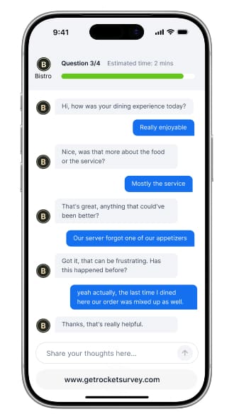 Bistro survey conversation on an iPhone